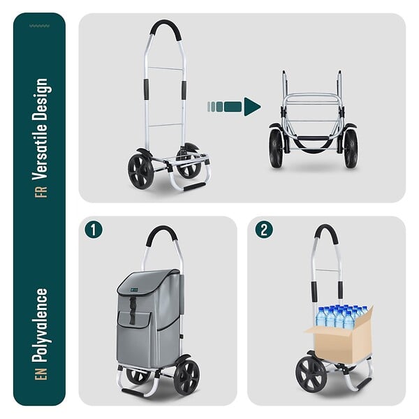 VOUNOT - Chariot de course pliable aluminium 2 roues gris - large