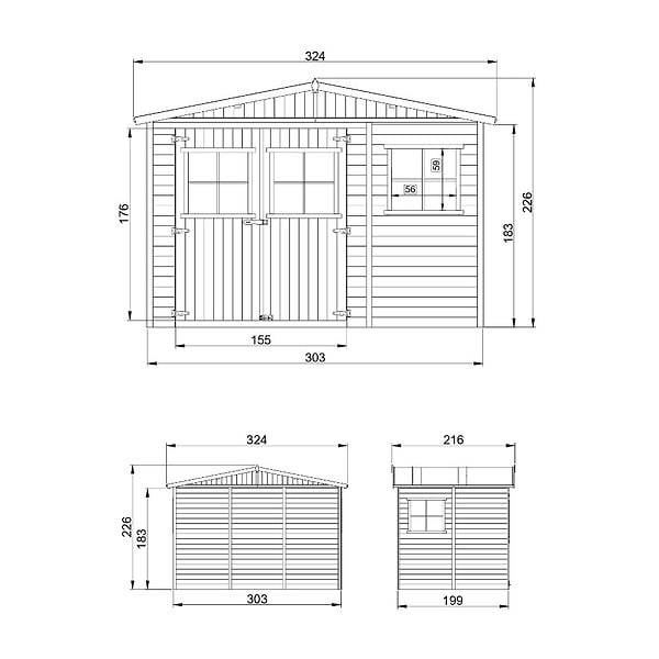 TIMBELA - Abri de jardin en bois H226x318x220 cm / 6 m2 - AVEC LES PLANCHERS IMPRÉGNÉ - M334+M334G - large