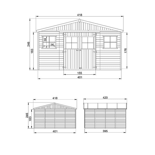 TIMBELA - TIMBELA M330+M330G Abri de jardin en bois H246x418x420 cm/ 16 m² - AVEC PLANCHER IMPRÉGNÉ - large
