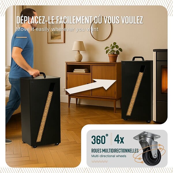 VOUNOT - Reservoir à granules pellets avec roulettes facade diagonale 45kg 36x36x76cm noir - large