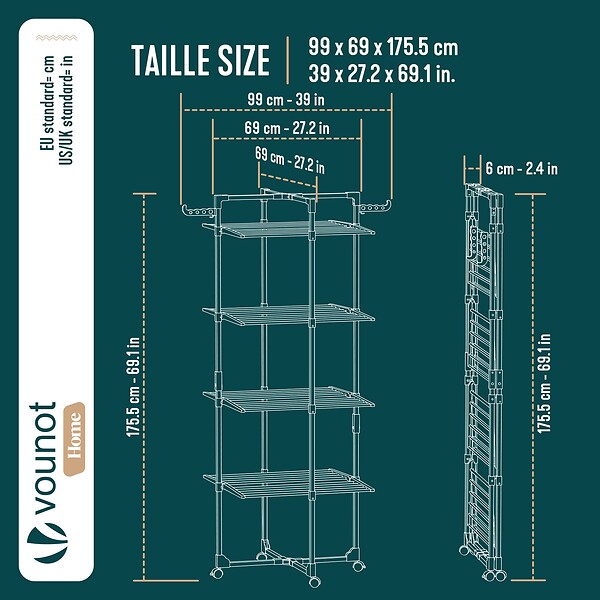 VOUNOT - Sechoir a linge vertical tour etendoir pliable 4 niveaux 99x69x175.5 cm style bois noir - large