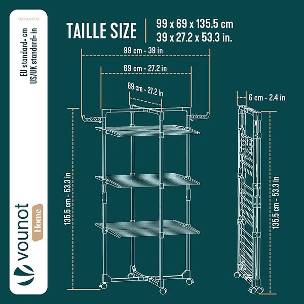 VOUNOT - Sechoir a linge vertical tour etendoir pliable 3 niveaux 99x69x135.5 cm style bois noir - large