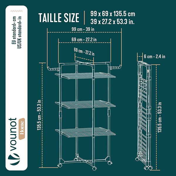 VOUNOT - Sechoir a linge vertical tour etendoir pliable 3 niveaux 99x69x135.5 cm style bois blanc - large