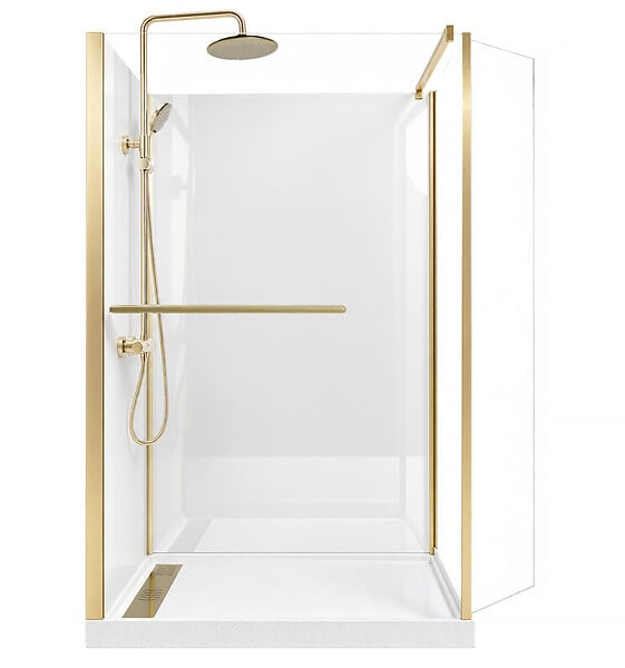 AURLANE - Cabine de Douche à l'Italienne 120x90 Colonne Thermostatique Or Brossé et Receveur Bas Effet Pierre - large