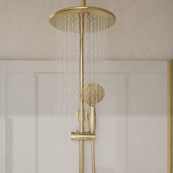 AURLANE - Cabine de Douche à l'Italienne 120x90 Colonne Thermostatique Or Brossé et Receveur Bas Effet Pierre - large
