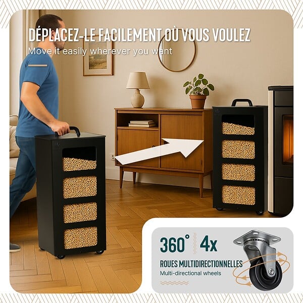 VOUNOT - Reservoir a granules rangement pellets avec roulettes 45kg 36x36x76cm noir - large