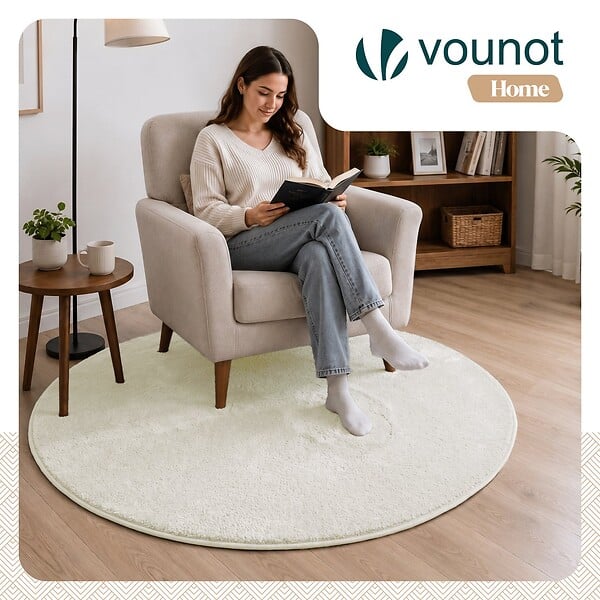 VOUNOT - Tapis de salon poils ras doux antiderapant ф120cm uni crème - large