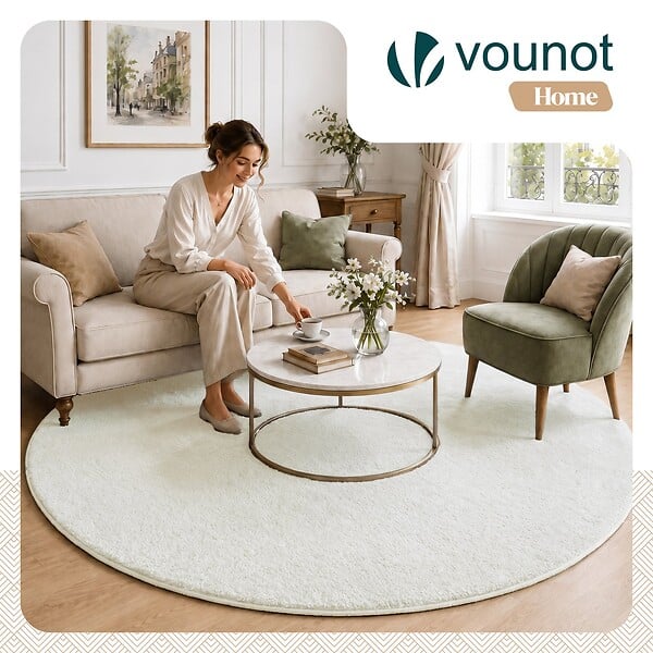VOUNOT - Tapis de salon poils ras doux antiderapant ф200cm uni crème - large