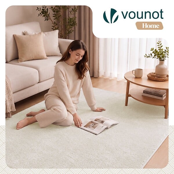 VOUNOT - Tapis de salon poils ras doux antiderapant 160x230cm uni crème - large