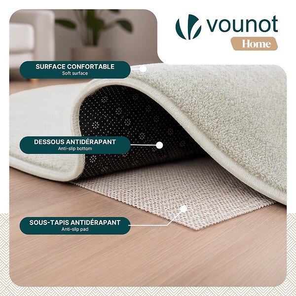 VOUNOT - Tapis de salon poils ras doux antiderapant 80x150cm uni crème - large