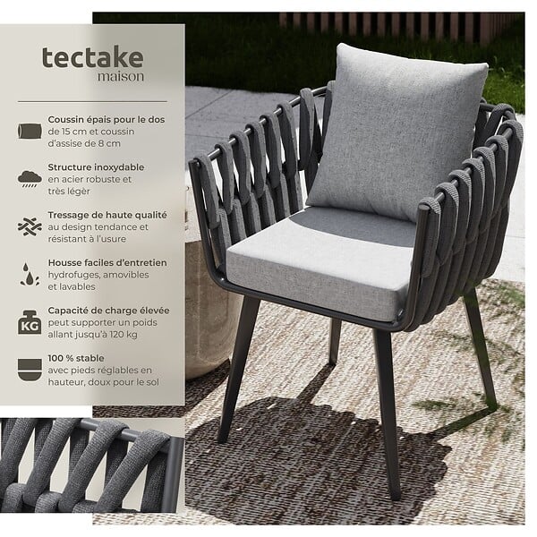 TECTAKE - 2 Places chaises de jardin aluminium gris anthracite avec tressage corde coussins déperlants dimensions 62,5 x 65,5 x 75 cm - large
