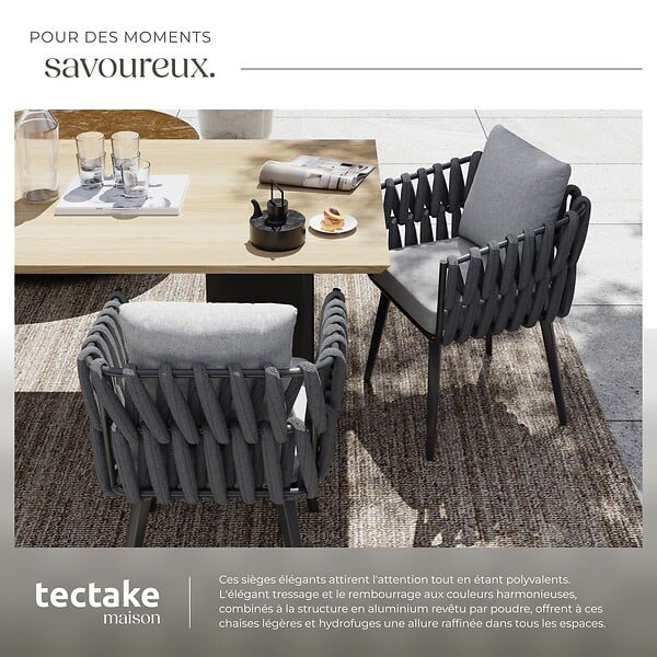TECTAKE - 2 Places chaises de jardin aluminium gris anthracite avec tressage corde coussins déperlants dimensions 62,5 x 65,5 x 75 cm - large