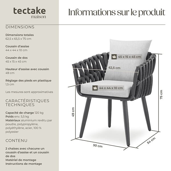 TECTAKE - 2 Places chaises de jardin aluminium gris anthracite avec tressage corde coussins déperlants dimensions 62,5 x 65,5 x 75 cm - large