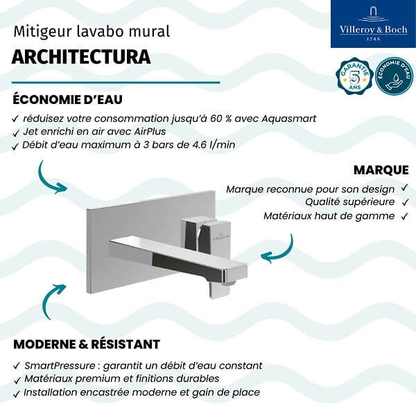 VILLEROY ET BOCH - Mitigeur lavabo mural  Architectura Square avec vidage Push Open Chrome + corps encastré - large