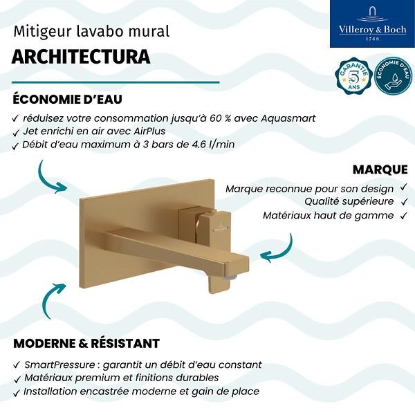 VILLEROY ET BOCH - Mitigeur lavabo mural  Architectura Square avec vidage Push Open Or brossé + corps encastré - large