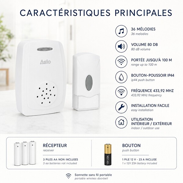 ASLO - Sonnette sans fil Portable 100m 80dB Blanche – Carillon 36 Mélodies IP44 avec Bouton-poussoir Intérieur Extérieur Aslo - large