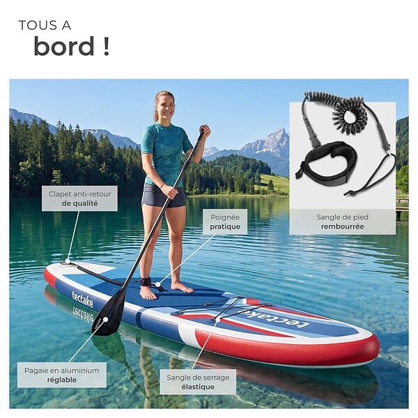 TECTAKE - Planche de stand up paddle gonflable siège de kayak jusqu'à 200 kg antidérapant pagaie double rouge bleu 320 x 84 x 39,5 cm kit complet - large