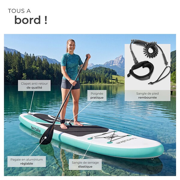 TECTAKE - Planche de stand up paddle gonflable siège kayak jusqu'à 200 kg antidérapante raquette double blanc turquoise 320 x 84 x 39,5 cm - large