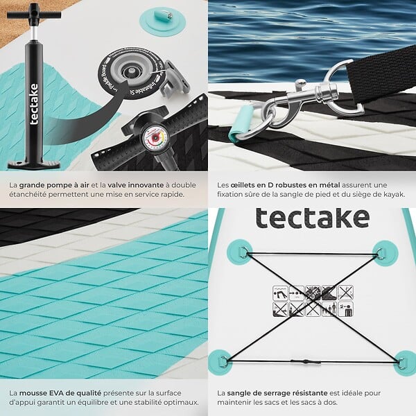 TECTAKE - Planche de stand up paddle gonflable siège kayak jusqu'à 200 kg antidérapante raquette double blanc turquoise 320 x 84 x 39,5 cm - large