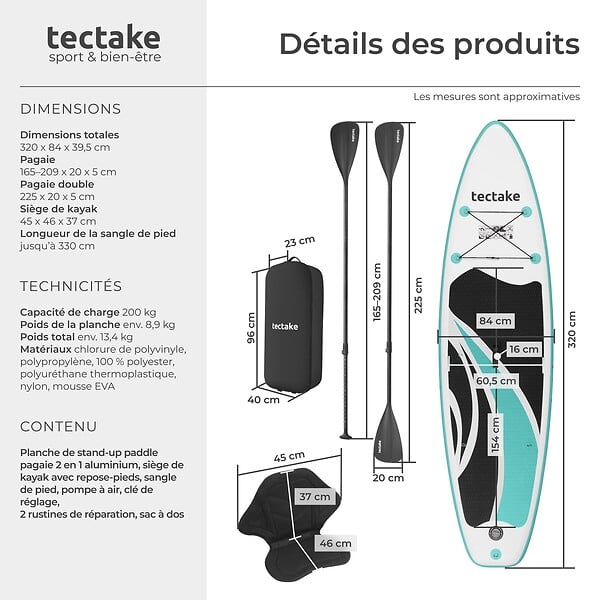 TECTAKE - Planche de stand up paddle gonflable siège kayak jusqu'à 200 kg antidérapante raquette double blanc turquoise 320 x 84 x 39,5 cm - large