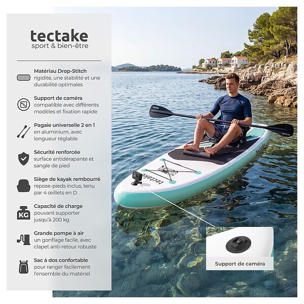TECTAKE - Planche de stand up paddle gonflable avec support pour appareil photo siège de kayak antidérapant jusqu'à 200 kg blanc et turquoise 320 x 84 x 39,5 cm - large