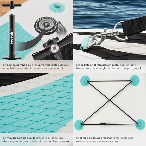 TECTAKE - Planche de stand up paddle gonflable avec support pour appareil photo siège de kayak antidérapant jusqu'à 200 kg blanc et turquoise 320 x 84 x 39,5 cm - large