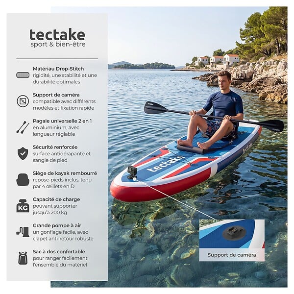 TECTAKE - Planche de stand up paddle gonflable avec support pour appareil photo siège de kayak rouge bleu 320 x 84 x 39,5 cm antidérapant jusqu'à 200 kg - large