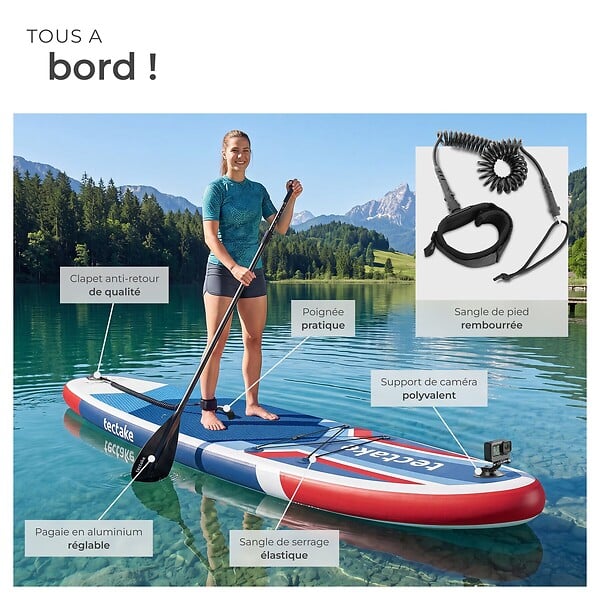 TECTAKE - Planche de stand up paddle gonflable avec support pour appareil photo siège de kayak rouge bleu 320 x 84 x 39,5 cm antidérapant jusqu'à 200 kg - large