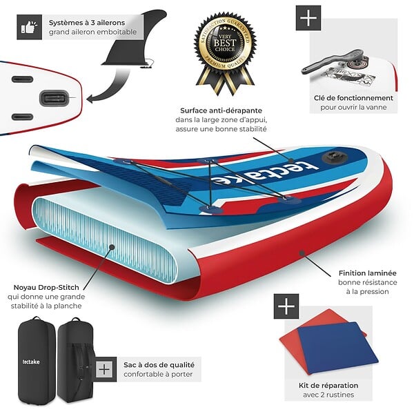 TECTAKE - Planche de stand up paddle gonflable avec support pour appareil photo siège de kayak rouge bleu 320 x 84 x 39,5 cm antidérapant jusqu'à 200 kg - large