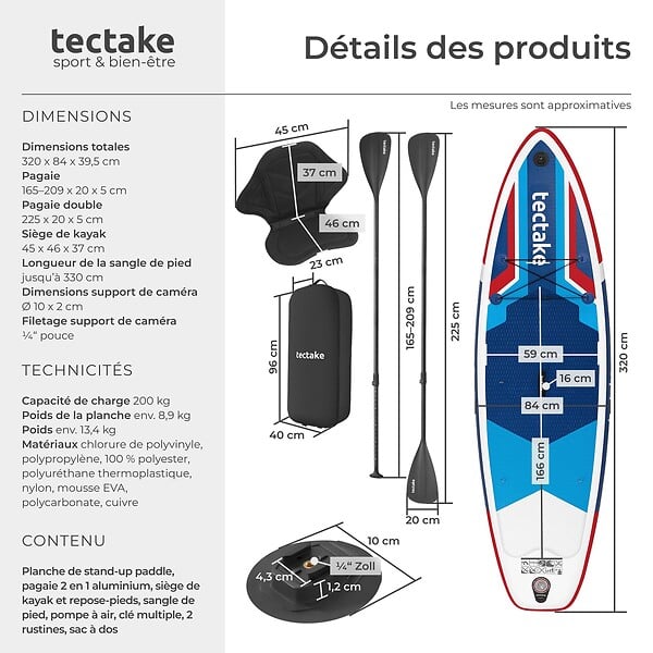 TECTAKE - Planche de stand up paddle gonflable avec support pour appareil photo siège de kayak rouge bleu 320 x 84 x 39,5 cm antidérapant jusqu'à 200 kg - large