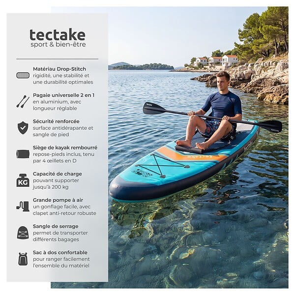 TECTAKE - Planche de stand up paddle gonflable siège de kayak jusqu'à 200 kg antidérapant raquette double turquoise orange 320 x 84 x 39,5 cm kit complet - large