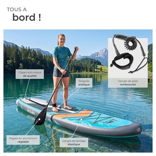 TECTAKE - Planche de stand up paddle gonflable siège de kayak jusqu'à 200 kg antidérapant raquette double turquoise orange 320 x 84 x 39,5 cm kit complet - large