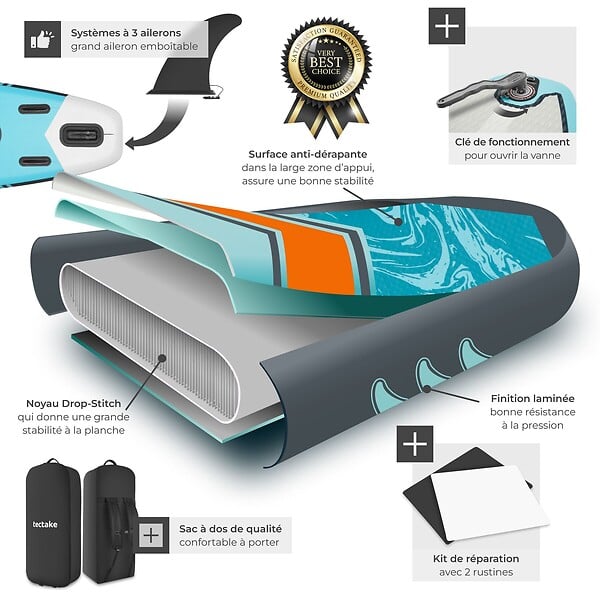TECTAKE - Planche de stand up paddle gonflable siège de kayak jusqu'à 200 kg antidérapant raquette double turquoise orange 320 x 84 x 39,5 cm kit complet - large