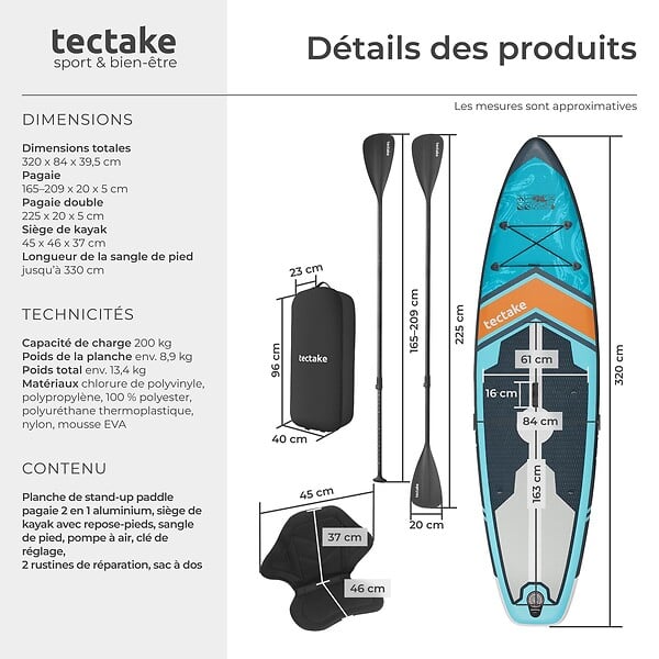 TECTAKE - Planche de stand up paddle gonflable siège de kayak jusqu'à 200 kg antidérapant raquette double turquoise orange 320 x 84 x 39,5 cm kit complet - large