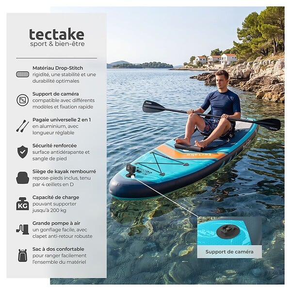 TECTAKE - Planche stand up paddle gonflable 2 en 1 avec support appareil photo siège kayak antidérapant 200 kg turquoise orange 320x84x39,5 cm kit complet - large