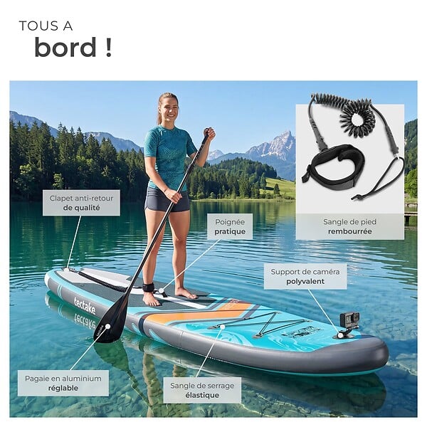 TECTAKE - Planche stand up paddle gonflable 2 en 1 avec support appareil photo siège kayak antidérapant 200 kg turquoise orange 320x84x39,5 cm kit complet - large