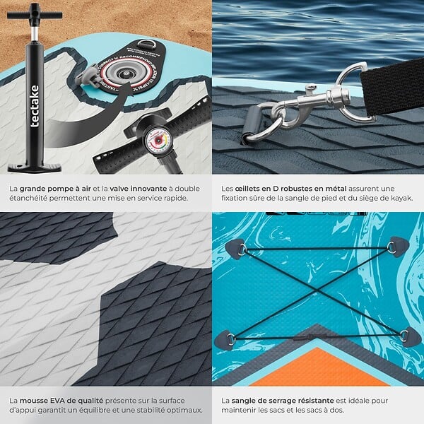 TECTAKE - Planche stand up paddle gonflable 2 en 1 avec support appareil photo siège kayak antidérapant 200 kg turquoise orange 320x84x39,5 cm kit complet - large