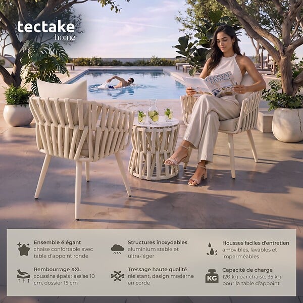 TECTAKE - Ensemble salon jardin 2 places en aluminium en rope beige coussins epais 10 cm dossier 15 cm design - large