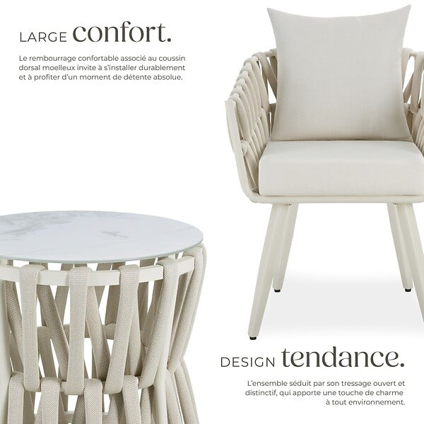 TECTAKE - Ensemble salon jardin 2 places en aluminium en rope beige coussins epais 10 cm dossier 15 cm design - large