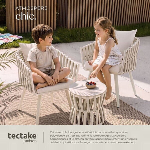 TECTAKE - Ensemble salon jardin 2 places en aluminium en rope beige coussins epais 10 cm dossier 15 cm design - large