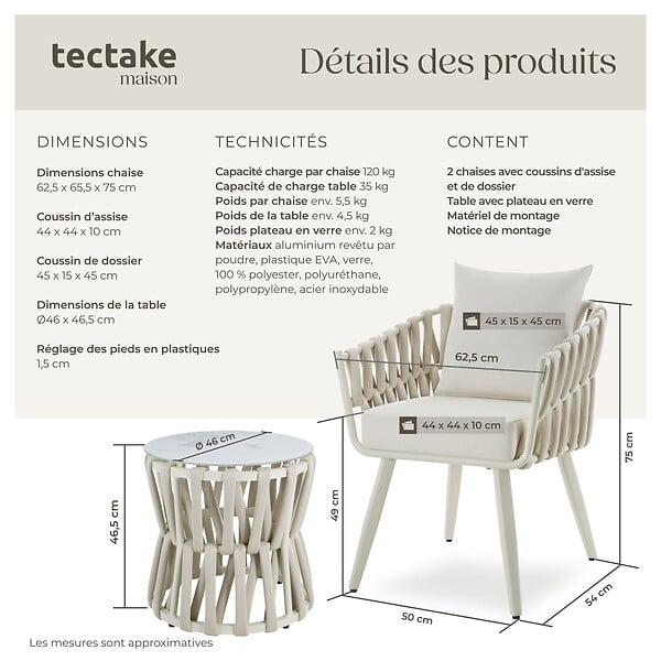 TECTAKE - Ensemble salon jardin 2 places en aluminium en rope beige coussins epais 10 cm dossier 15 cm design - large