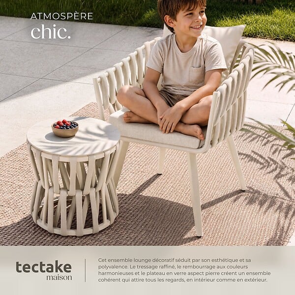 TECTAKE - Chaise 2 places avec table en rope design beige coussin assise 10 cm dossier 15 cm - large