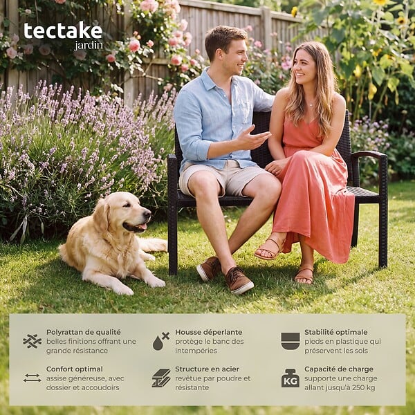 TECTAKE - Banc de jardin 2 places résistant intempéries en en polyrotin noir avec accoudoirs dossier haut 125x62 5x90 cm - large