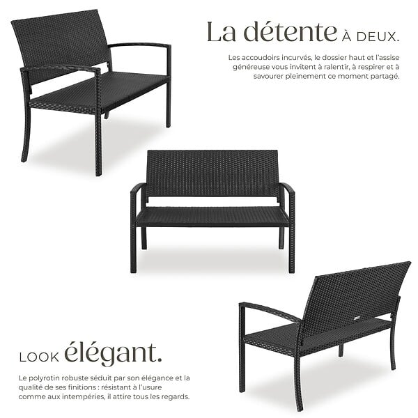 TECTAKE - Banc de jardin 2 places résistant intempéries en en polyrotin noir avec accoudoirs dossier haut 125x62 5x90 cm - large