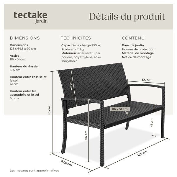 TECTAKE - Banc de jardin 2 places résistant intempéries en en polyrotin noir avec accoudoirs dossier haut 125x62 5x90 cm - large