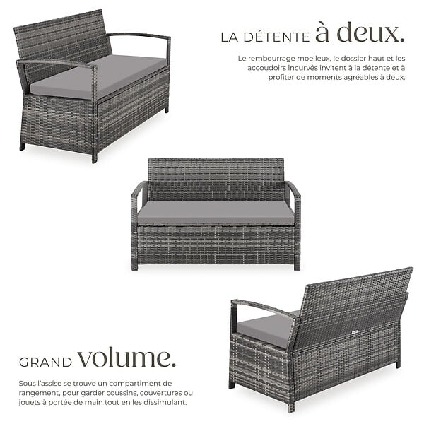 TECTAKE - 2 Places banc de jardin gris résistant aux intempéries 128 x 56 x 77,5 cm capacité de rangement 160 l avec housse de protection - large