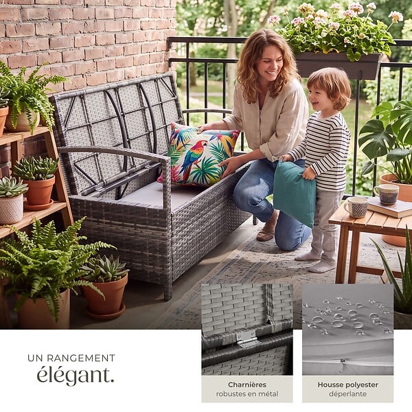 TECTAKE - 2 Places banc de jardin gris résistant aux intempéries 128 x 56 x 77,5 cm capacité de rangement 160 l avec housse de protection - large