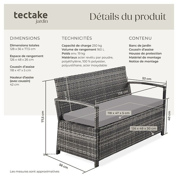 TECTAKE - 2 Places banc de jardin gris résistant aux intempéries 128 x 56 x 77,5 cm capacité de rangement 160 l avec housse de protection - large