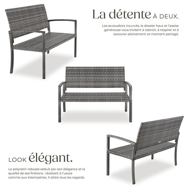 TECTAKE - Banc de jardin 2 places en polyrotin gris résistant aux intempéries avec accoudoirs et dossier haut 125x62,5x90 cm - large