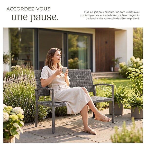 TECTAKE - Banc de jardin 2 places en polyrotin gris résistant aux intempéries avec accoudoirs et dossier haut 125x62,5x90 cm - large